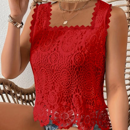 🤍Damen Elegantes Spitzen-Trägertop mit eckigem Ausschnitt 🎀 Schmalträger Top mit Karo-Ausschnitt