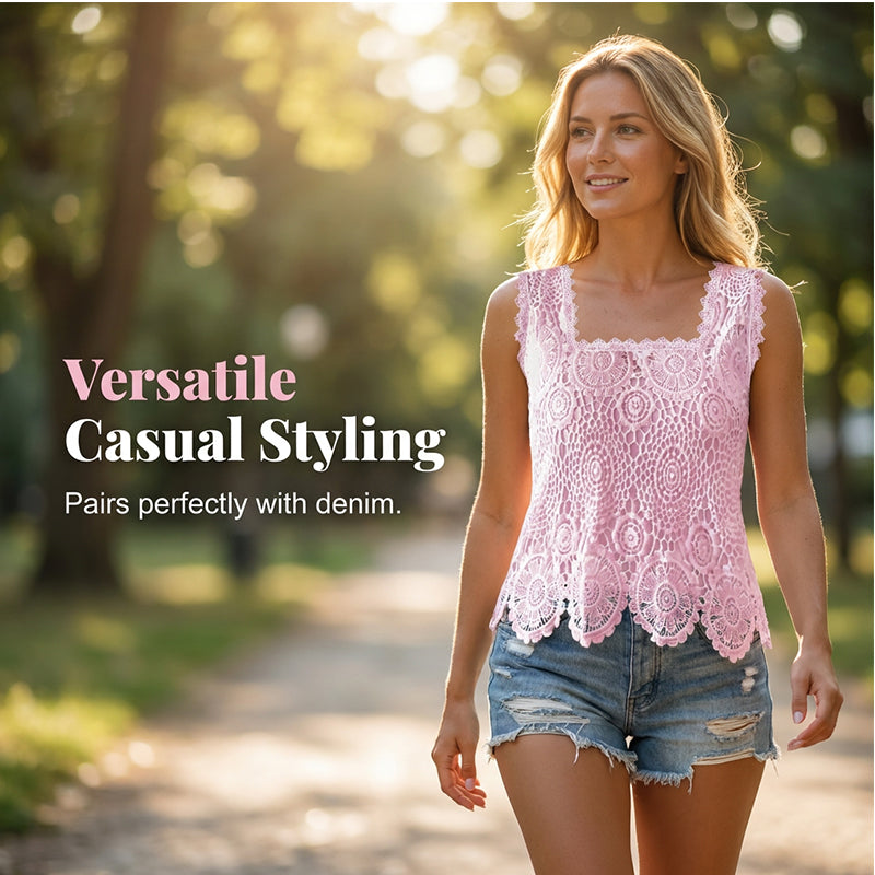 🤍Damen Elegantes Spitzen-Trägertop mit eckigem Ausschnitt 🎀 Schmalträger Top mit Karo-Ausschnitt