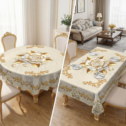 🛍️Elegantes Tischdecken-Set mit Rose & goldgeprägtem Muster – wasserdicht, ölbeständig & stilvoll – ideal für Esstisch, Couchtisch & Wohnzimmer 🌹