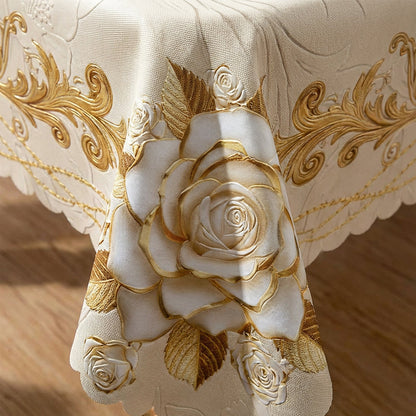 🛍️Elegantes Tischdecken-Set mit Rose & goldgeprägtem Muster – wasserdicht, ölbeständig & stilvoll – ideal für Esstisch, Couchtisch & Wohnzimmer 🌹