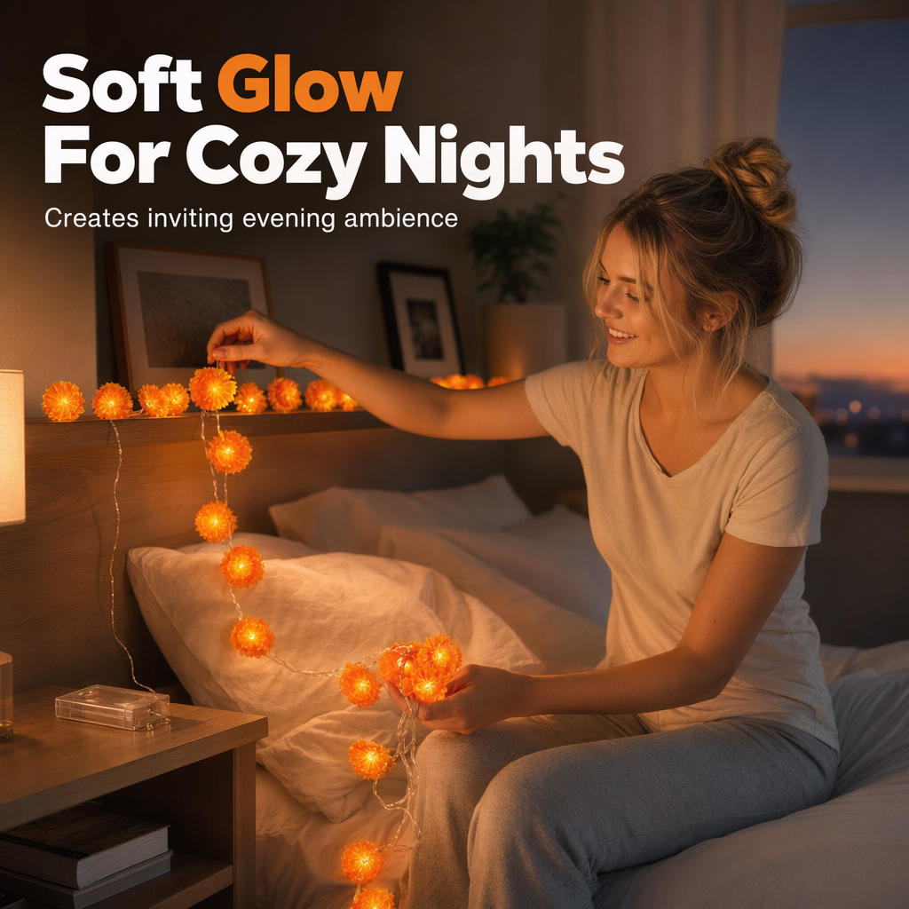 🌼 Künstliche Ringelblumen LED-Lichterkette – 20 LEDs, 8 Lichtmodi, wasserfest | Perfekte Deko für stimmungsvolle Atmosphäre 🕯️🎃🧡