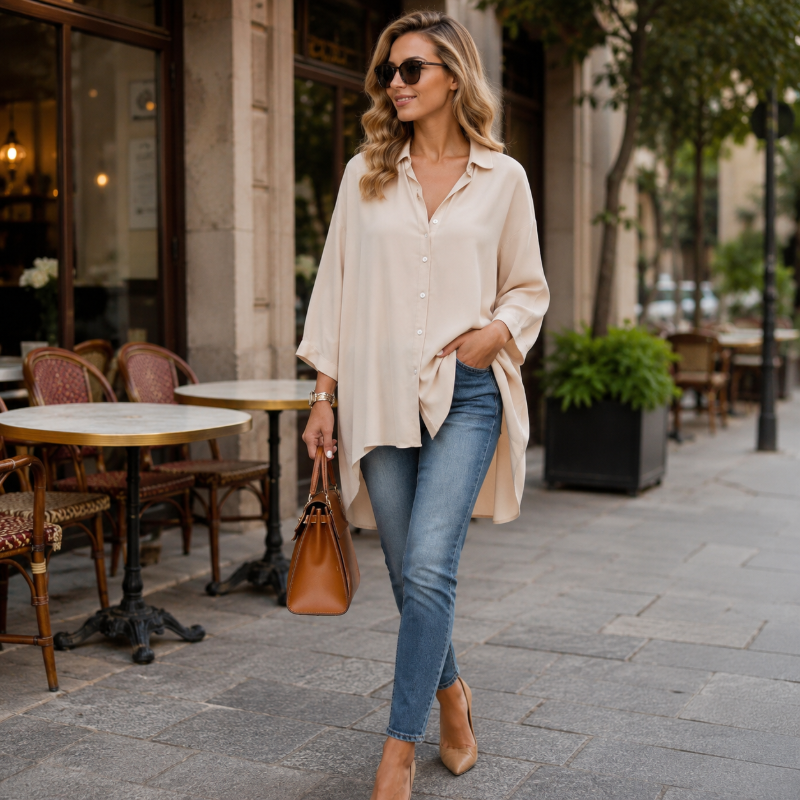 👚 50% RABATT! 🔥 Damen lässige weite Apricot-Bluse – Langarm, Knopfleiste & Kragen – Leicht, vielseitig & perfekt für Alltag oder Büro – femininer Look mit Komfort 🌸✨👔