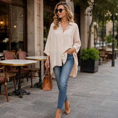 👚 50% RABATT! 🔥 Damen lässige weite Apricot-Bluse – Langarm, Knopfleiste & Kragen – Leicht, vielseitig & perfekt für Alltag oder Büro – femininer Look mit Komfort 🌸✨👔