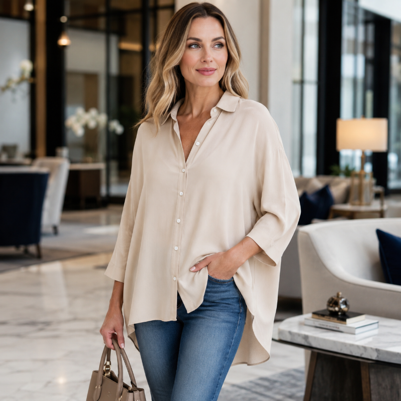 👚 50% RABATT! 🔥 Damen lässige weite Apricot-Bluse – Langarm, Knopfleiste & Kragen – Leicht, vielseitig & perfekt für Alltag oder Büro – femininer Look mit Komfort 🌸✨👔