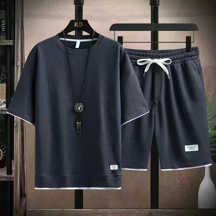 🔥Solange der Vorrat reicht 40 % Rabatt!🎉Herren 2-teiliges Set aus Waffelstoff: Kurzarm-T-Shirt & Shorts