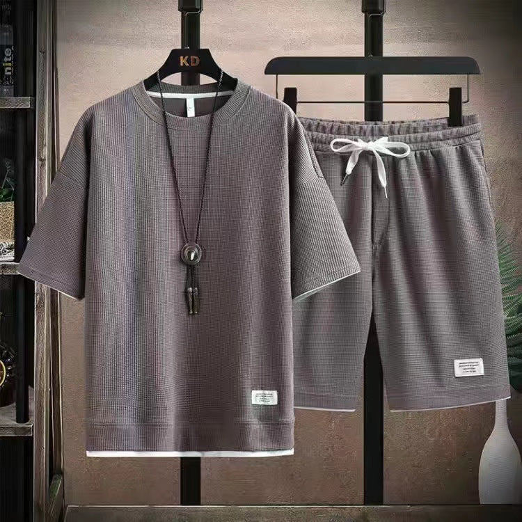 🔥Solange der Vorrat reicht 40 % Rabatt!🎉Herren 2-teiliges Set aus Waffelstoff: Kurzarm-T-Shirt & Shorts