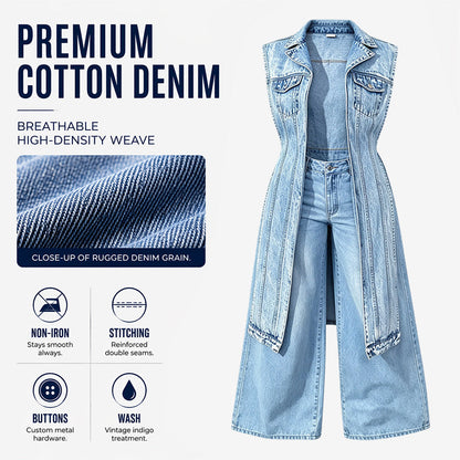 ☀️👗Damen Gilet-Stil Ärmelloses Jeanskleid mit hohem Schlitz