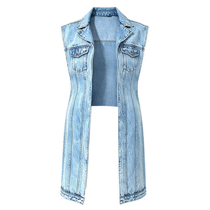 ☀️👗Damen Gilet-Stil Ärmelloses Jeanskleid mit hohem Schlitz