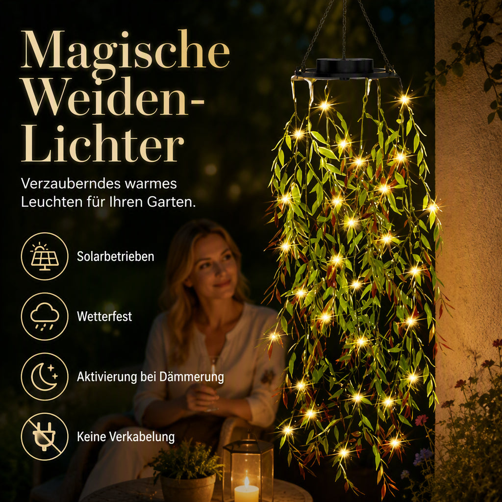 ✨🌿Solarbetriebene Weidenblatt‑Hängelichterkette ☀️ Garten Deko Lichtervorhang für Außen