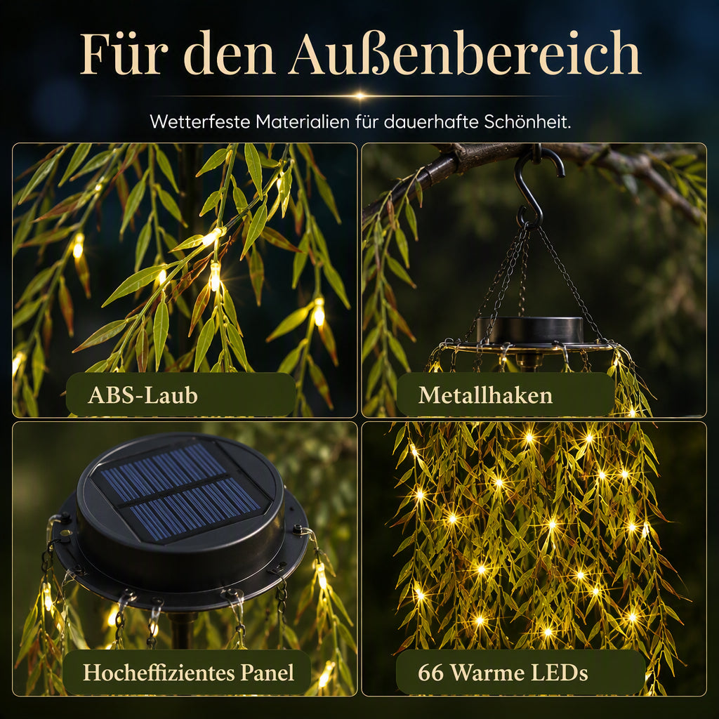 ✨🌿Solarbetriebene Weidenblatt‑Hängelichterkette ☀️ Garten Deko Lichtervorhang für Außen