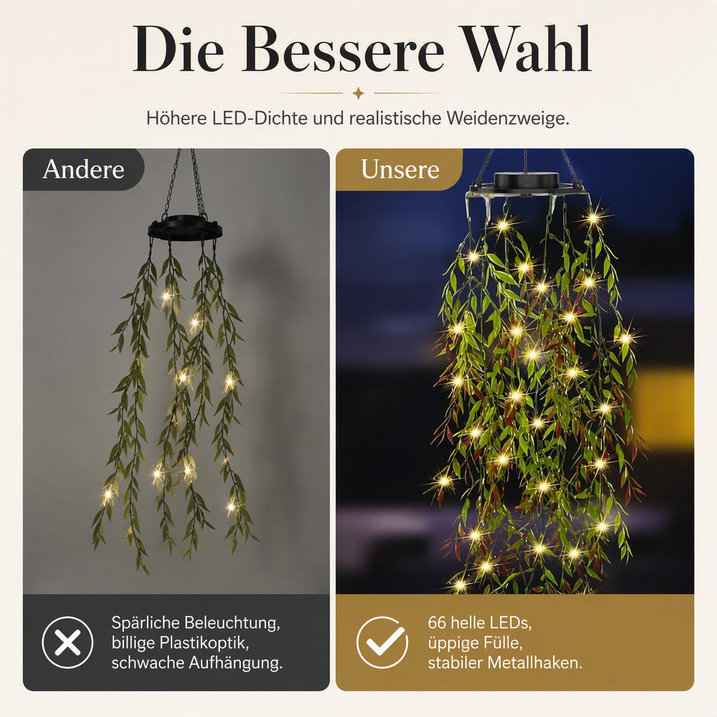 ✨🌿Solarbetriebene Weidenblatt‑Hängelichterkette ☀️ Garten Deko Lichtervorhang für Außen