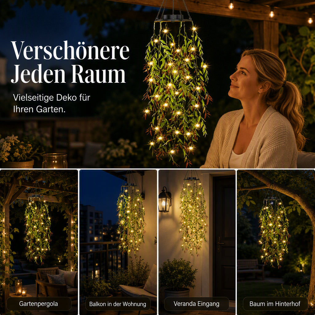 ✨🌿Solarbetriebene Weidenblatt‑Hängelichterkette ☀️ Garten Deko Lichtervorhang für Außen