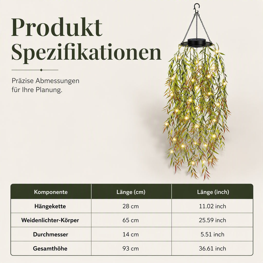 ✨🌿Solarbetriebene Weidenblatt‑Hängelichterkette ☀️ Garten Deko Lichtervorhang für Außen