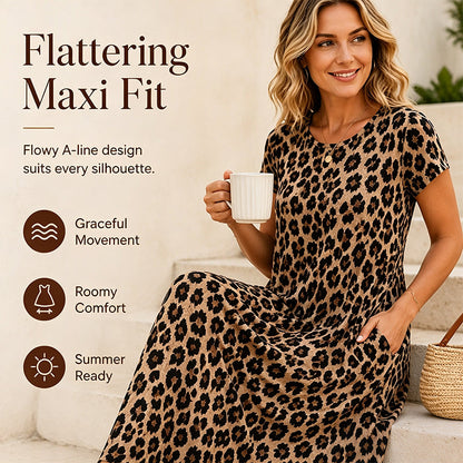 🐆 50 % RABATT! 👗 Maxikleid für Damen mit Leopardenmuster und Taschen, lässiges langes Kleid mit kurzen Ärmeln – Bequem