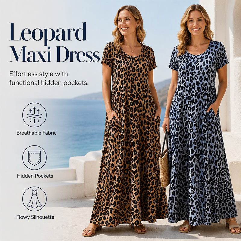 🐆 50 % RABATT! 👗 Maxikleid für Damen mit Leopardenmuster und Taschen, lässiges langes Kleid mit kurzen Ärmeln – Bequem