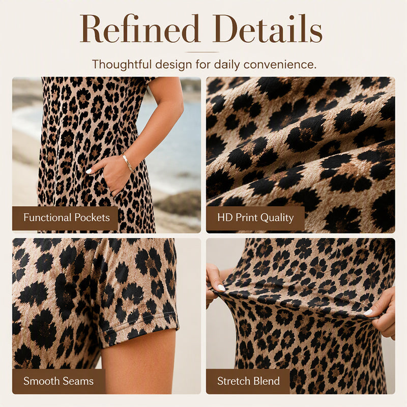 🐆 50 % RABATT! 👗 Maxikleid für Damen mit Leopardenmuster und Taschen, lässiges langes Kleid mit kurzen Ärmeln – Bequem
