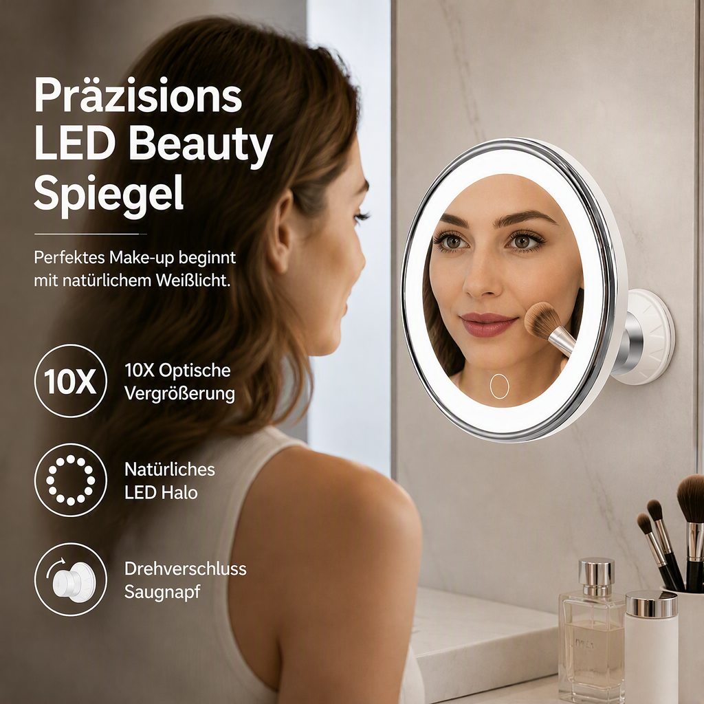 💄✨10‑fach vergrößernder Schminkspiegel｜LED‑Beleuchtung & Saugnapf‑Befestigung für perfektes Make‑up