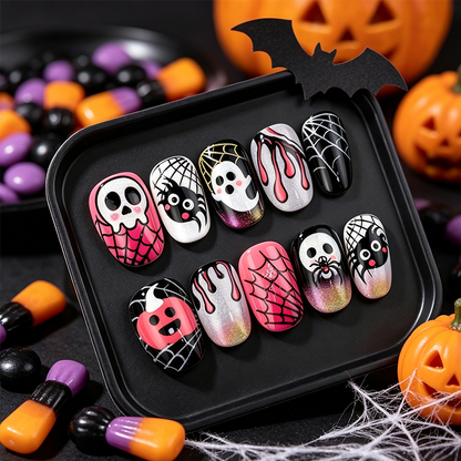 🎃🦇👻 Halloween Aufklebe‑Nagelset ✨ Gruselige Design Künstliche Nägel für Party & Kostüm