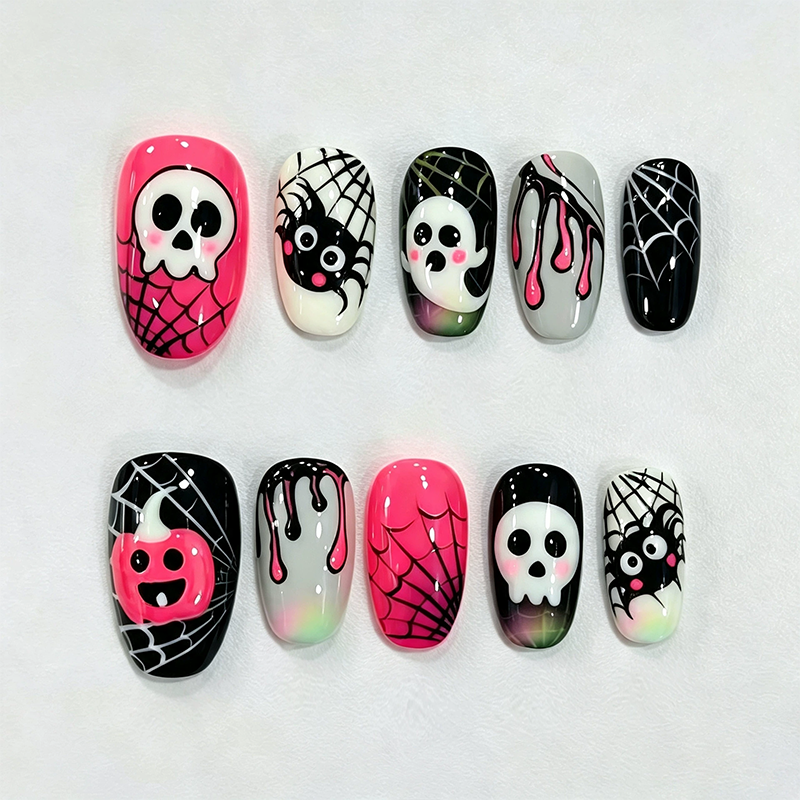 🎃🦇👻 Halloween Aufklebe‑Nagelset ✨ Gruselige Design Künstliche Nägel für Party & Kostüm