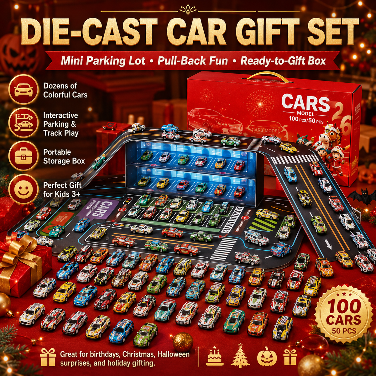⏳Zeitlich begrenztes Angebot⏳ Faltbare Spielzeugauto-Garage mit 48 Rückziehautos