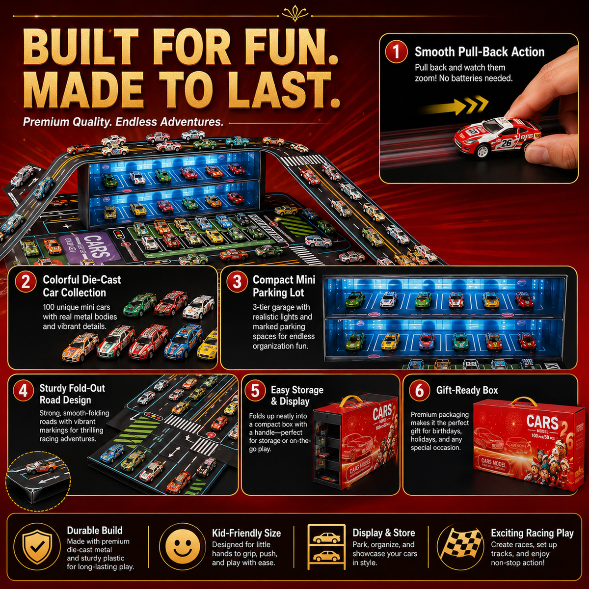 ⏳Zeitlich begrenztes Angebot⏳ Faltbare Spielzeugauto-Garage mit 48 Rückziehautos