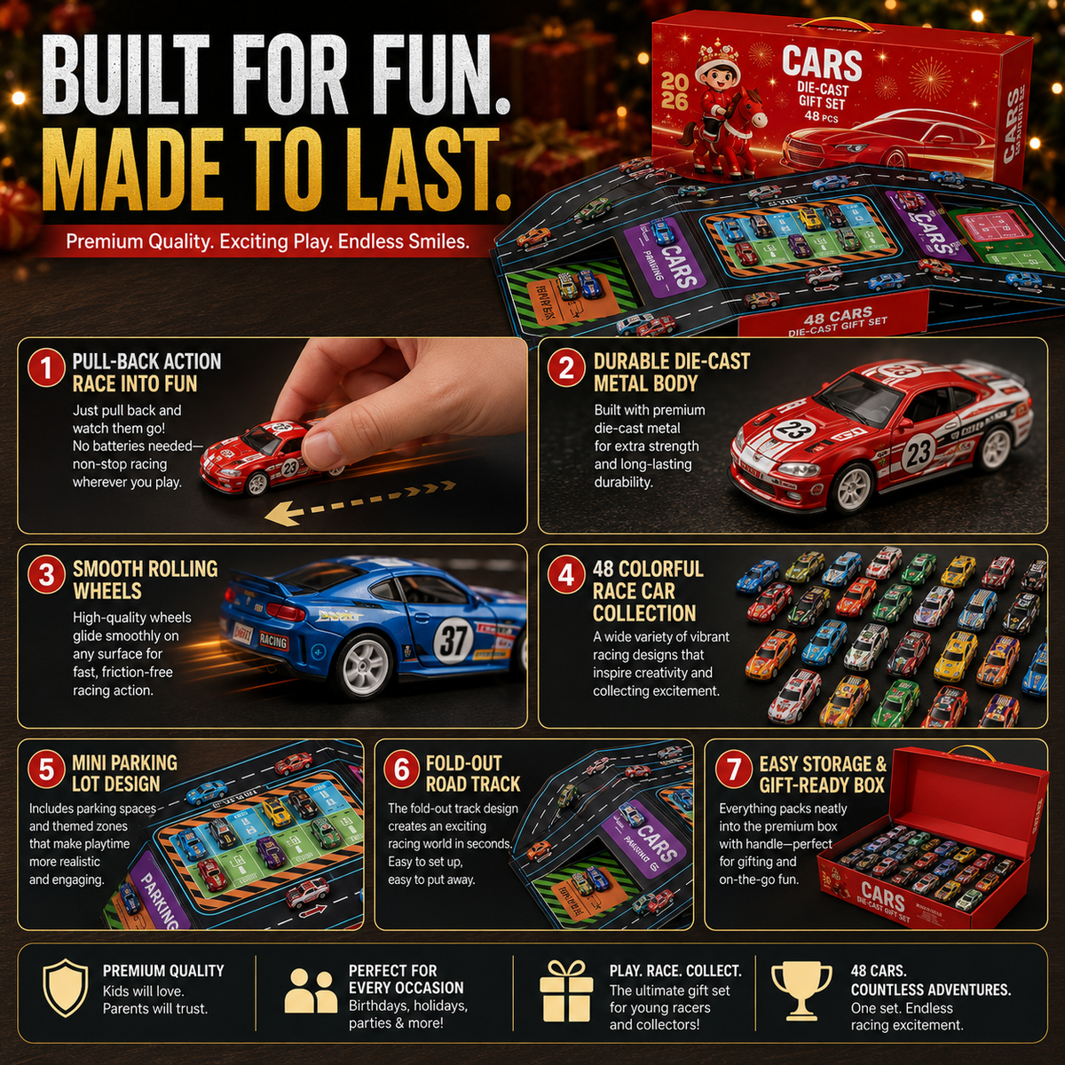 ⏳Zeitlich begrenztes Angebot⏳ Faltbare Spielzeugauto-Garage mit 48 Rückziehautos