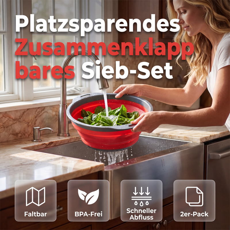 🥬💧 Zusammenklappbares Küchensieb | Platzsparender Abtropfkorb für Obst & Gemüse ✨