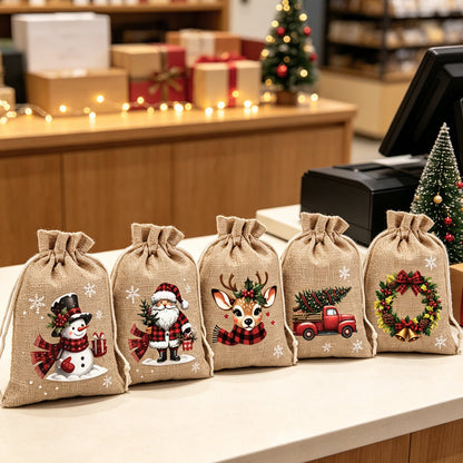 🎄 50% RABATT! 🎁Weihnachtliche Geschenksäckchen aus Polyester mit Kordelzug, 5Stück