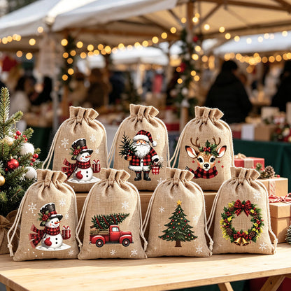 🎄 50% RABATT! 🎁Weihnachtliche Geschenksäckchen aus Polyester mit Kordelzug, 5Stück