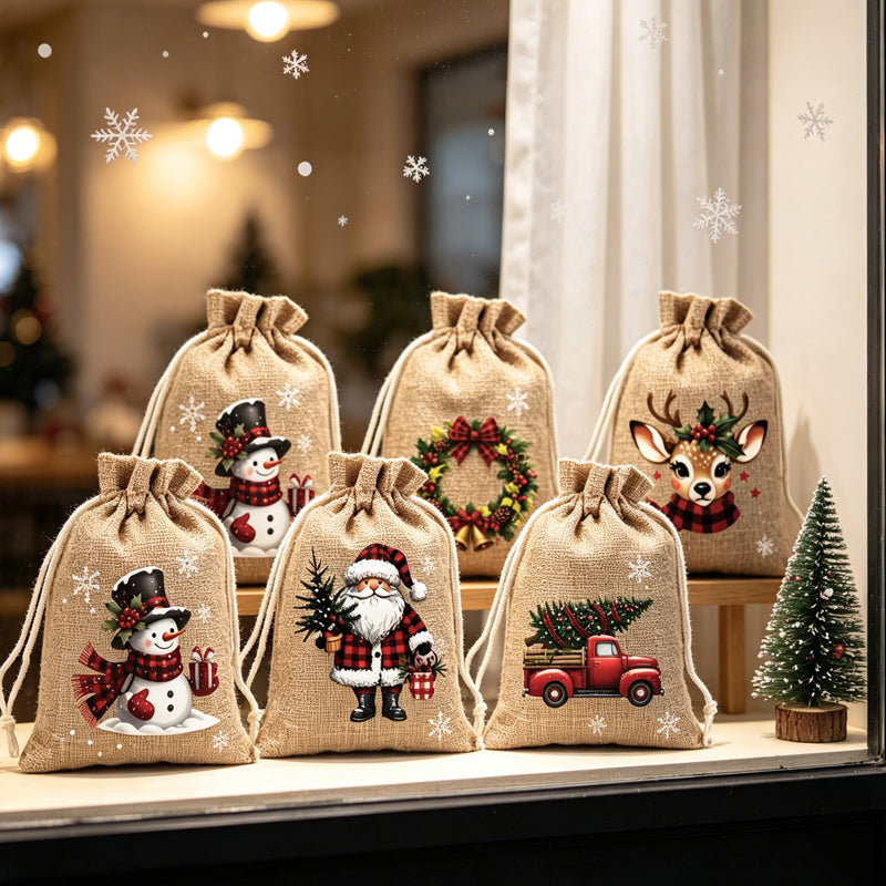 🎄 50% RABATT! 🎁Weihnachtliche Geschenksäckchen aus Polyester mit Kordelzug, 5Stück