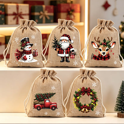 🎄 50% RABATT! 🎁Weihnachtliche Geschenksäckchen aus Polyester mit Kordelzug, 5Stück