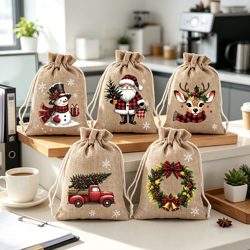 🎄 50% RABATT! 🎁Weihnachtliche Geschenksäckchen aus Polyester mit Kordelzug, 5Stück