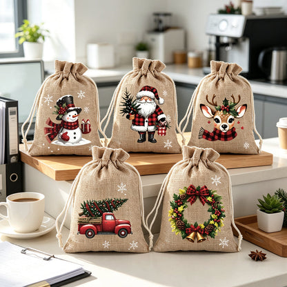 🎄 50% RABATT! 🎁Weihnachtliche Geschenksäckchen aus Polyester mit Kordelzug, 5Stück