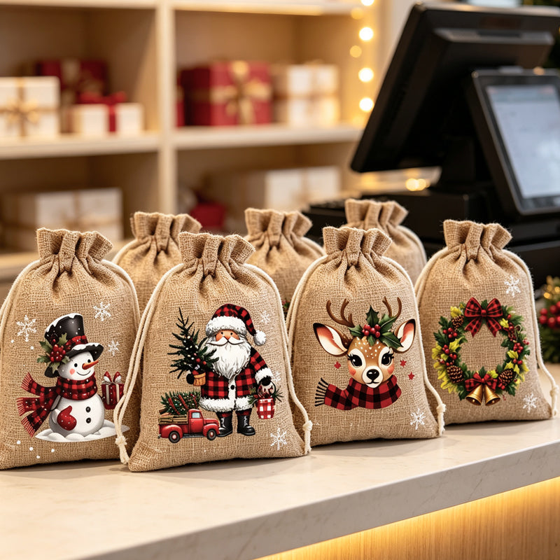 🎄 50% RABATT! 🎁Weihnachtliche Geschenksäckchen aus Polyester mit Kordelzug, 5Stück