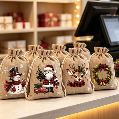 🎄 50% RABATT! 🎁Weihnachtliche Geschenksäckchen aus Polyester mit Kordelzug, 5Stück