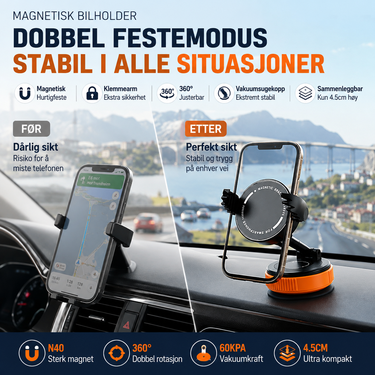 🧲 Auto-Handyhalterung mit Magneten – 360°-Winkel, Vakuum-Saugnapf, Klemmen. Geeignet für 4,7"+ – stabil und tragbar! 🚗✨