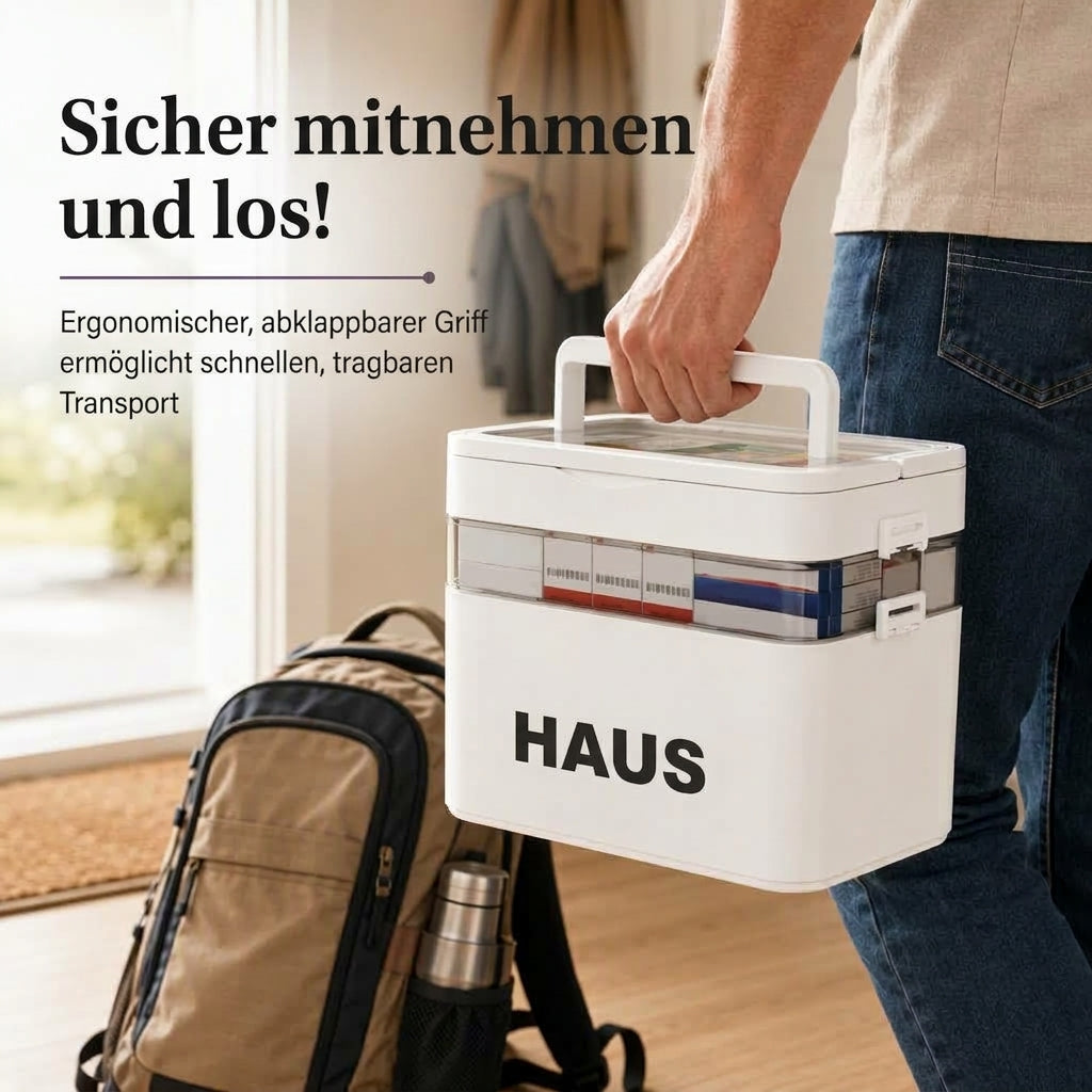 Große Medikamentenaufbewahrungsbox aus Kunststoff mit mehrlagigen, unterteilten Fächern, tragbare Organizer-Box für die Notfall-Erste Hilfe im Haushalt