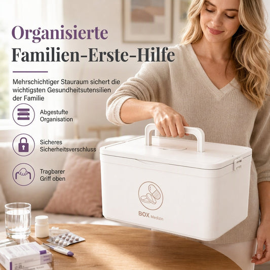 Große Medikamentenaufbewahrungsbox aus Kunststoff mit mehrlagigen, unterteilten Fächern, tragbare Organizer-Box für die Notfall-Erste Hilfe im Haushalt