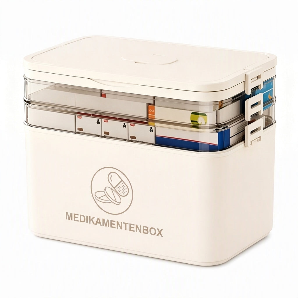 Große Medikamentenaufbewahrungsbox aus Kunststoff mit mehrlagigen, unterteilten Fächern, tragbare Organizer-Box für die Notfall-Erste Hilfe im Haushalt