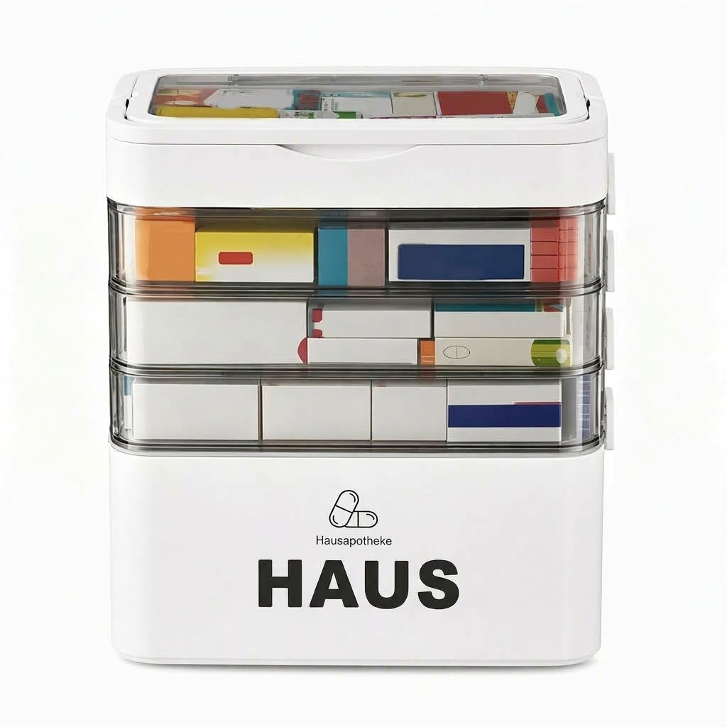 Große Medikamentenaufbewahrungsbox aus Kunststoff mit mehrlagigen, unterteilten Fächern, tragbare Organizer-Box für die Notfall-Erste Hilfe im Haushalt