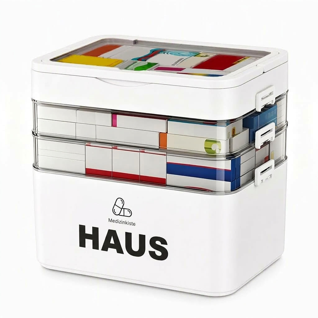 Große Medikamentenaufbewahrungsbox aus Kunststoff mit mehrlagigen, unterteilten Fächern, tragbare Organizer-Box für die Notfall-Erste Hilfe im Haushalt