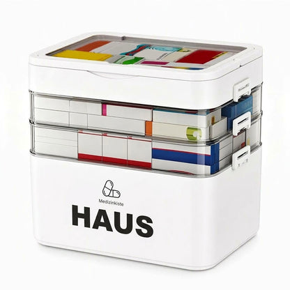 Große Medikamentenaufbewahrungsbox aus Kunststoff mit mehrlagigen, unterteilten Fächern, tragbare Organizer-Box für die Notfall-Erste Hilfe im Haushalt