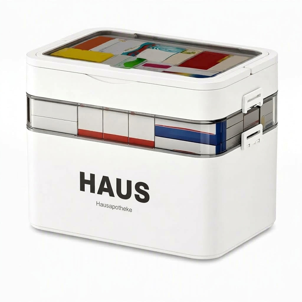 Große Medikamentenaufbewahrungsbox aus Kunststoff mit mehrlagigen, unterteilten Fächern, tragbare Organizer-Box für die Notfall-Erste Hilfe im Haushalt
