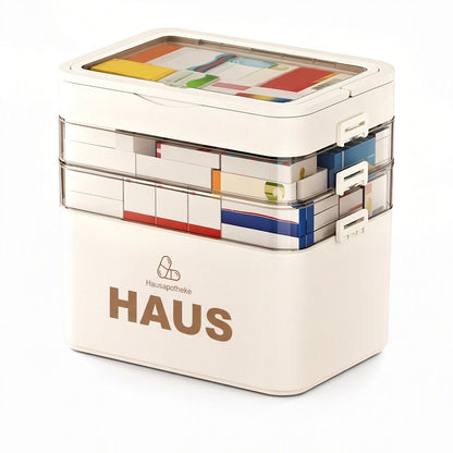 Große Medikamentenaufbewahrungsbox aus Kunststoff mit mehrlagigen, unterteilten Fächern, tragbare Organizer-Box für die Notfall-Erste Hilfe im Haushalt