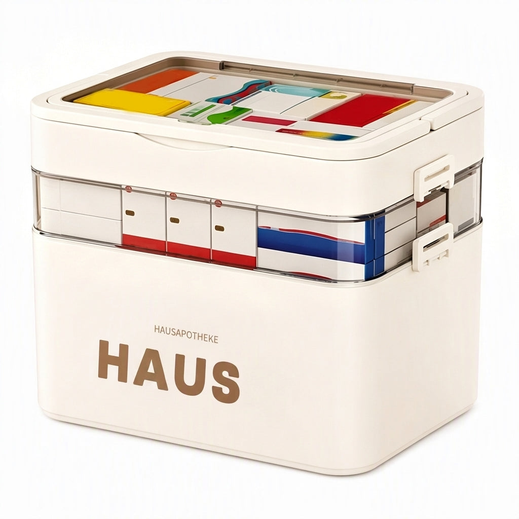 Große Medikamentenaufbewahrungsbox aus Kunststoff mit mehrlagigen, unterteilten Fächern, tragbare Organizer-Box für die Notfall-Erste Hilfe im Haushalt