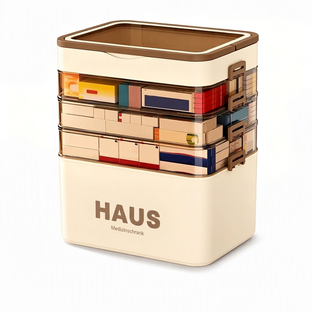 Große Medikamentenaufbewahrungsbox aus Kunststoff mit mehrlagigen, unterteilten Fächern, tragbare Organizer-Box für die Notfall-Erste Hilfe im Haushalt