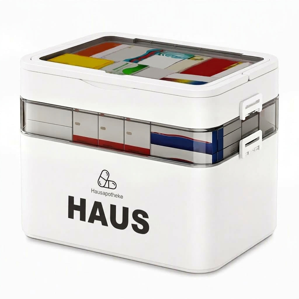Große Medikamentenaufbewahrungsbox aus Kunststoff mit mehrlagigen, unterteilten Fächern, tragbare Organizer-Box für die Notfall-Erste Hilfe im Haushalt
