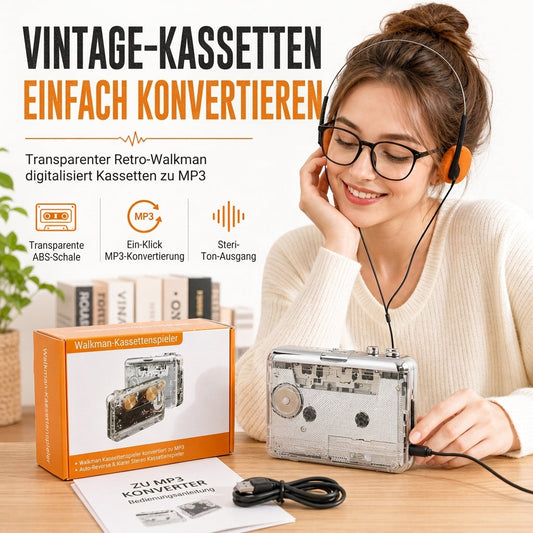 📼 JETZT 50 % RABATT! 🔄 Transparenter Kassettenspieler – Kassetten-zu-MP3-Konverter, Typ-C & Hi-Fi-Stereo – Nostalgie trifft auf moderne Technik 🎵