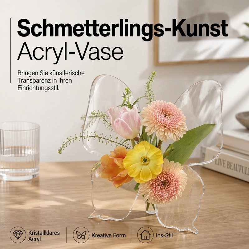 ✨🦋 Transparente Acrylvase mit Schmetterlingskunst-Motiv – Stilvolle Tischdeko