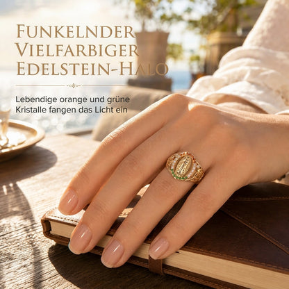 🔥Old-Money-Stil Damenring｜Goldton Metallring mit Göttinnenporträt, Blumen & farbigen Cubic Zirconia